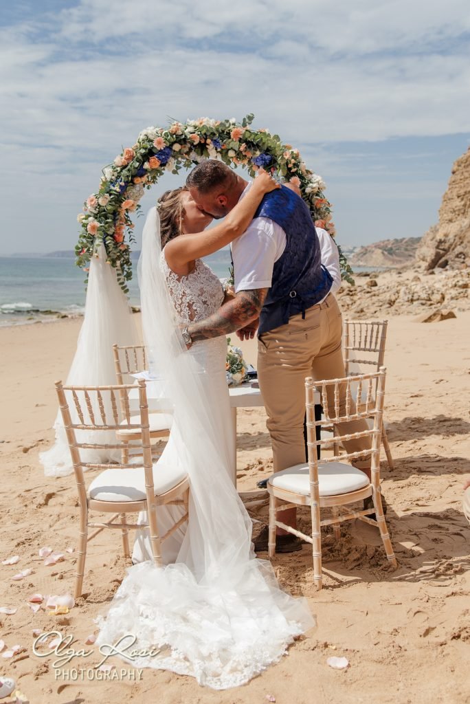 First kiss at Algarve beach wedding