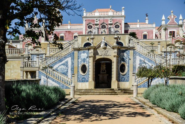 Beautiful blue tiles azuleju of lower terrace in Palacio de Estoi Faro Algarve Portugal